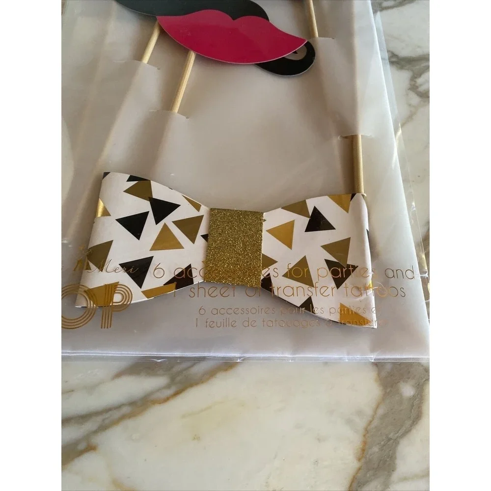 Meri Meri Party Props & Tattoo Set With Bow Tie Mustache Hat & Gold Glitter Star